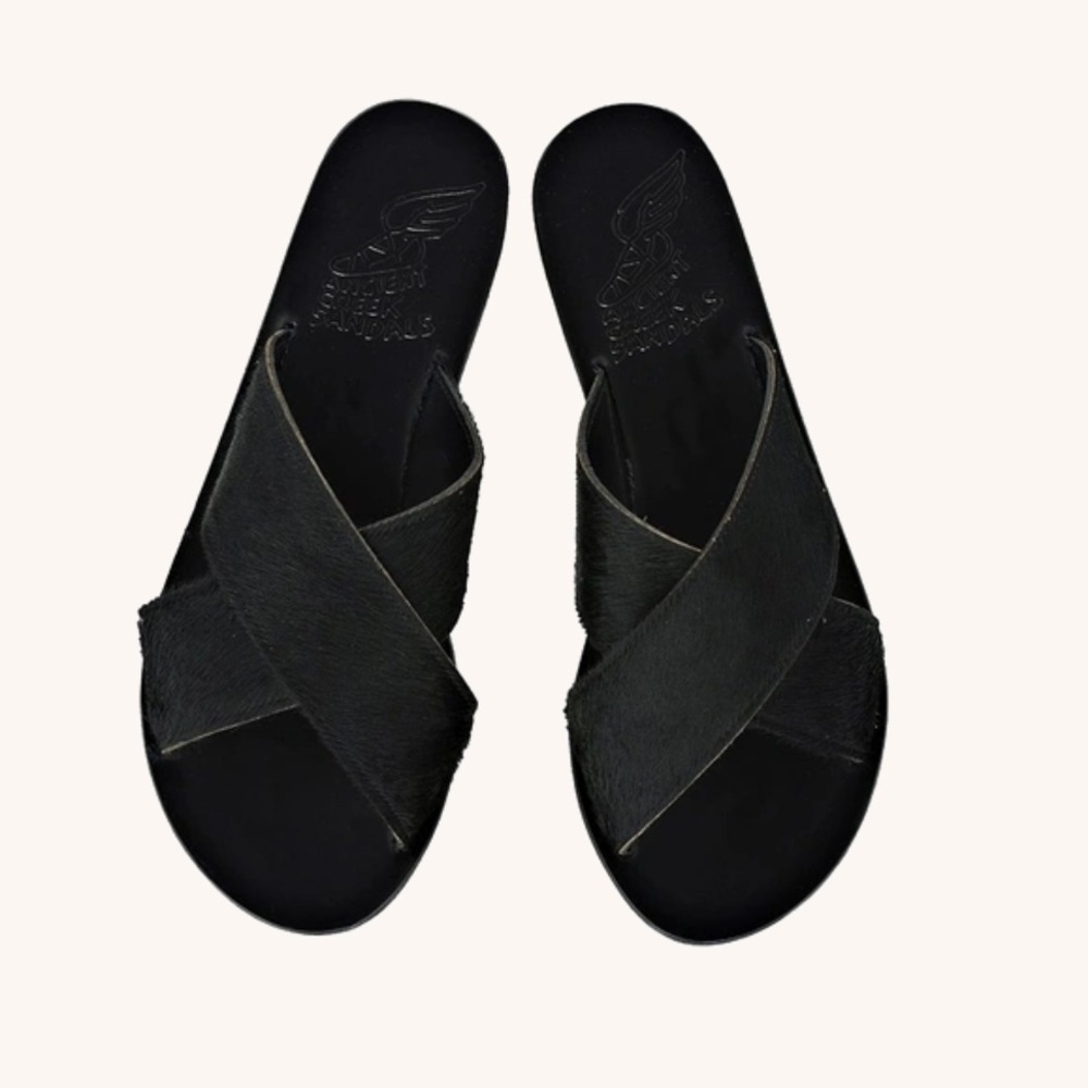 Ancient Greek sandals Thais leather black pony hair sandals size 37